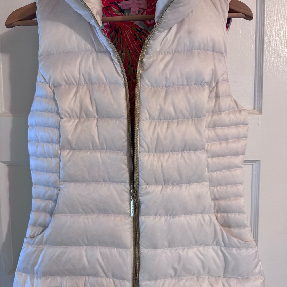 Lilly Pulitzer White Puffer Vest with Gold Detail